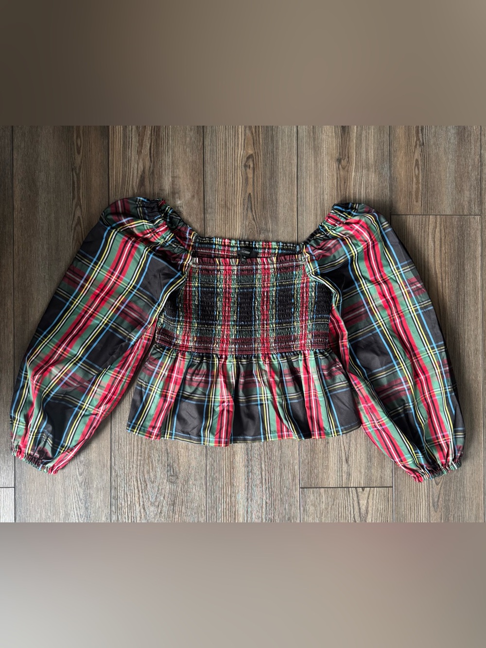 J. Crew Smocked Plaid Peasant Top - Red black green - Womens M